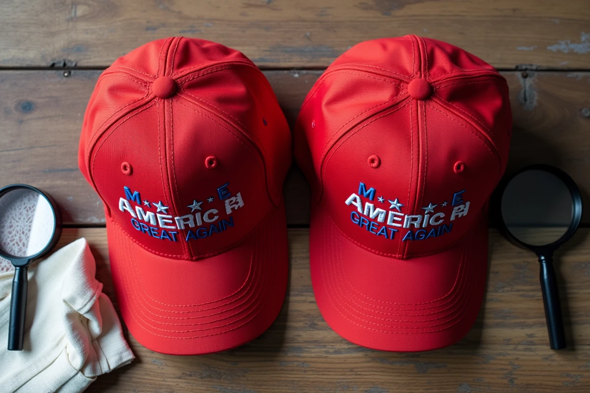 Comparaison côte à côte d'une casquette MAGA authentique et d'une copie, vue de dessus sur table en bois avec loupe pour identifier les différences de qualité