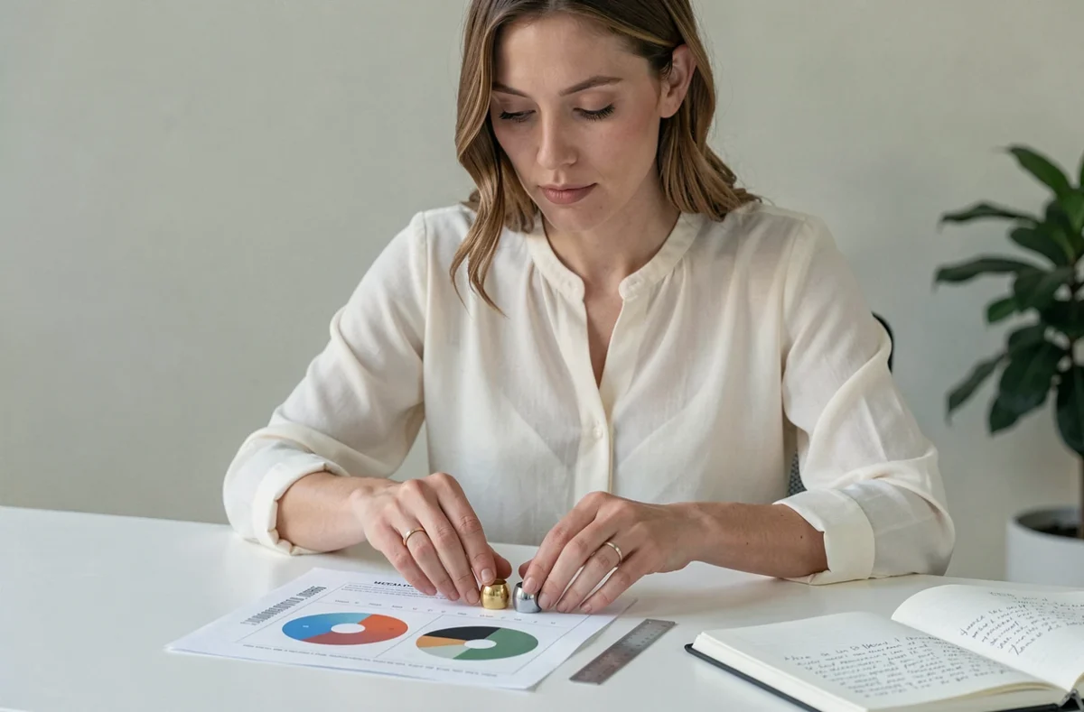 Femme comparant deux chevalières personnalisées or et argent sur un bureau en évaluant qualité et prix