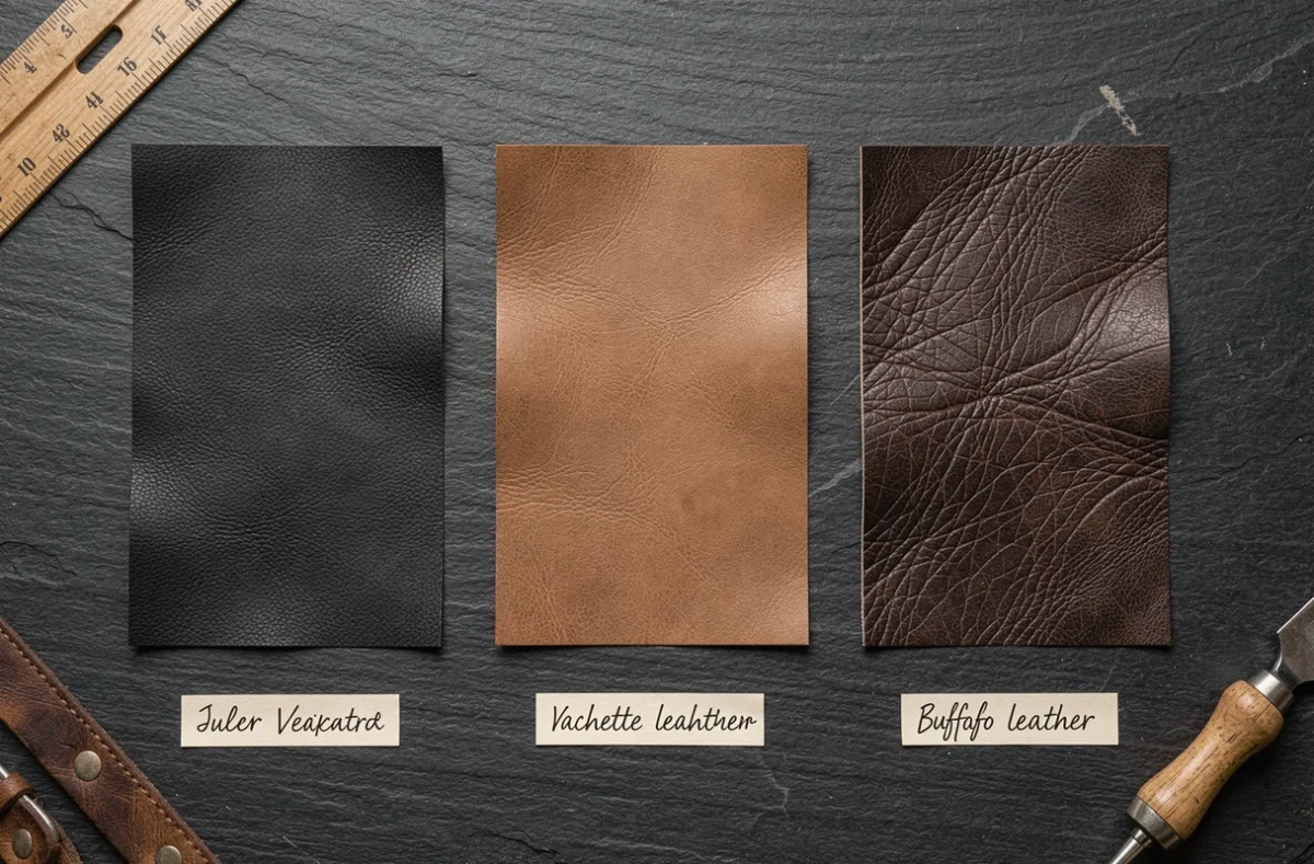 Comparaison de trois types de cuir pour gilet biker : pleine fleur, vachette et buffle, disposés en flat-lay sur ardoise