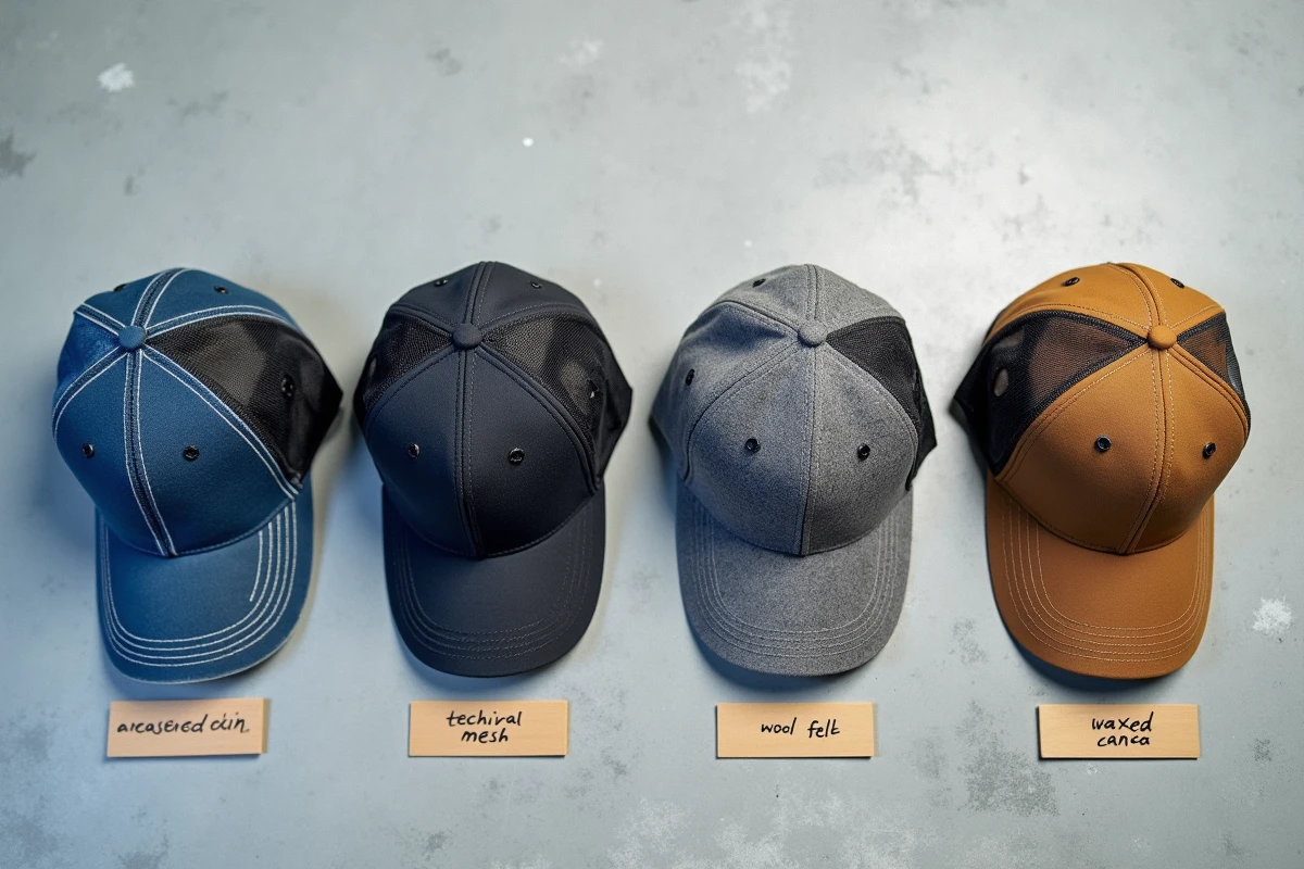 Vue aérienne de quatre casquettes aux matières différentes côte à côte sur béton, comparaison denim mesh laine et toile cirée