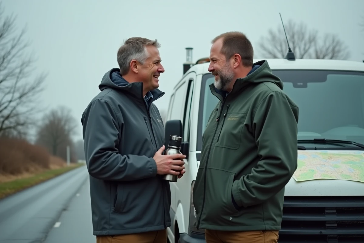 Deux ouvriers comparant une veste softshell et une polaire de travail près d'un véhicule utilitaire en extérieur