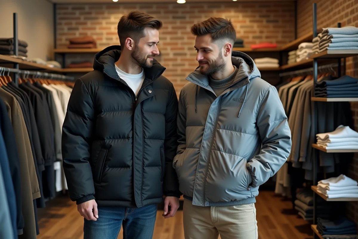 Deux hommes comparant deux vestes streetwear dans une boutique de mode urbaine