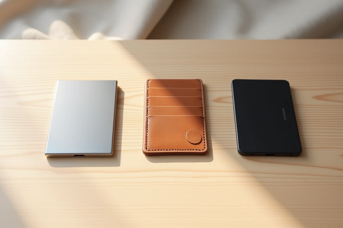 Comparatif de trois porte-cartes minimalistes en aluminium, cuir végétal et polycarbonate noir mat, disposés côte à côte sur un bureau en chêne blanc dans une mise en scène éditoriale.
