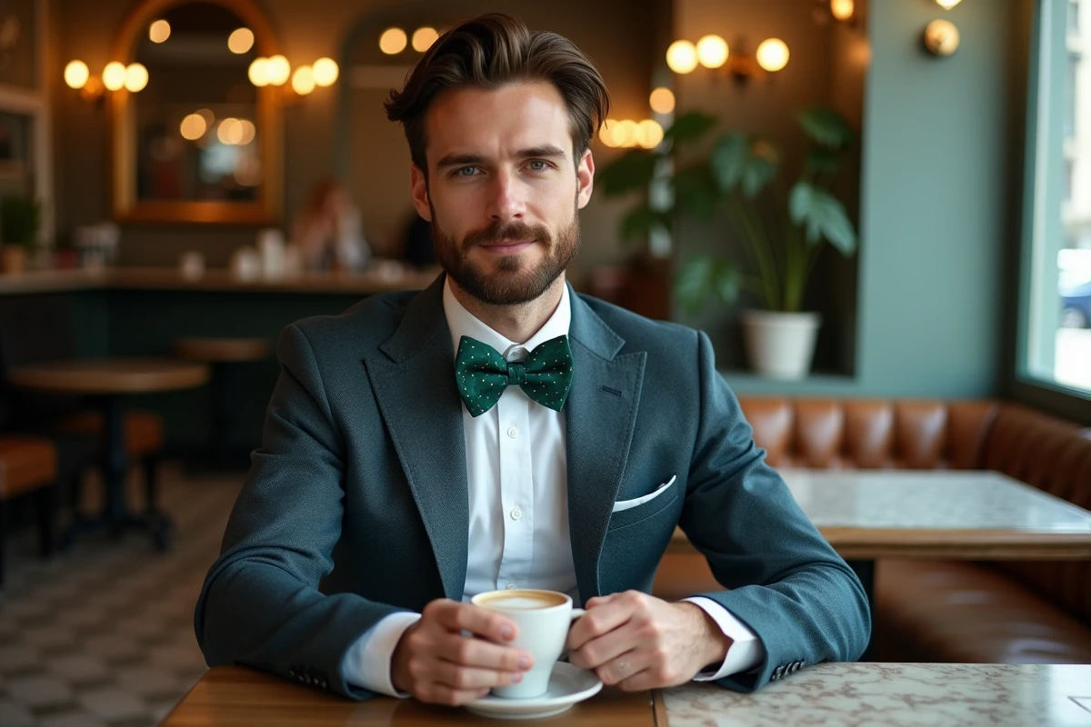 Homme assis en costume bleu acier avec nœud papillon vert émeraude dans un café parisien
