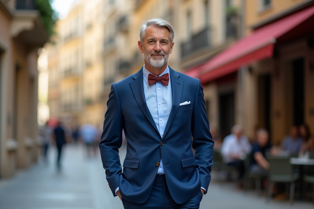 Homme en costume bleu cobalt et nœud papillon bordeaux géométrique dans une rue urbaine ensoleillée