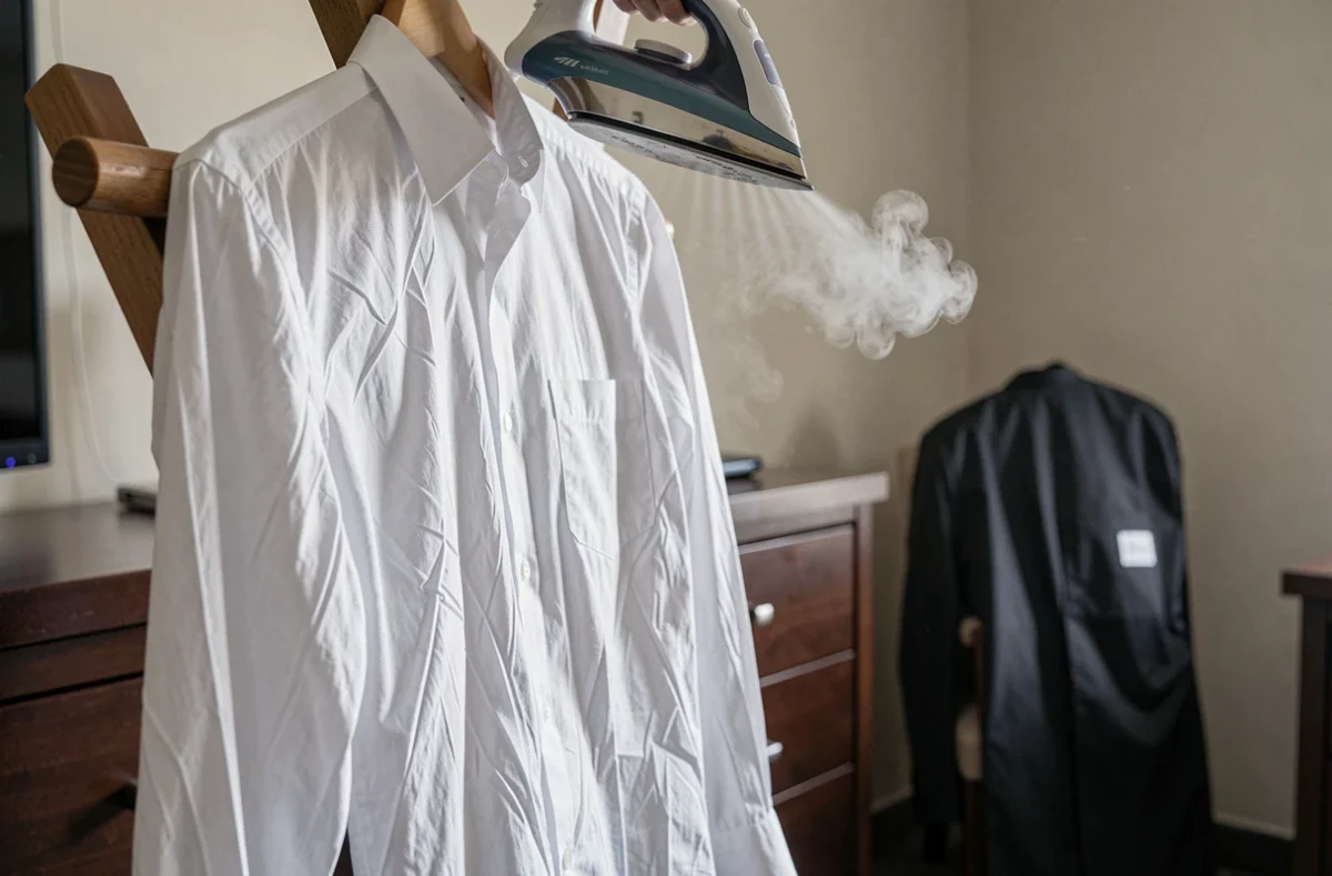 Costume de mariage froissé sur un valet en bois avec un fer à vapeur prêt à repasser la chemise et le pantalon
