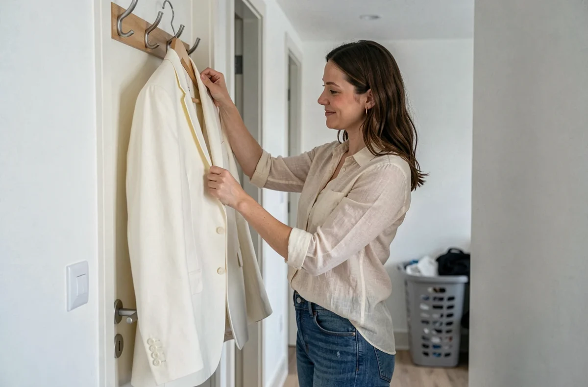 Femme inspectant un costume de mariage repassé accroché sur un cadre de porte dans un couloir d'appartement