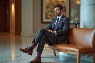 Homme en costume avec chaussettes colorées élégantes