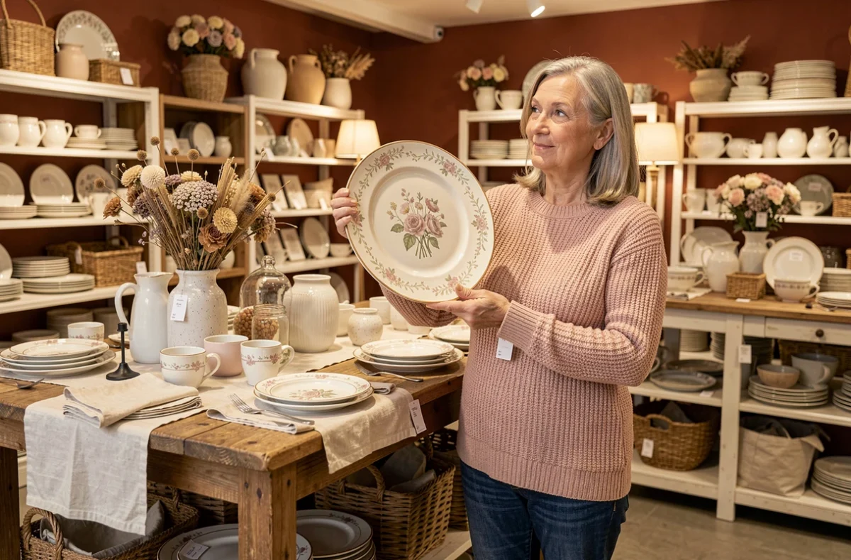 Intérieur du magasin Côté Table avec des arts de la table et décorations exposés sur des tables rustiques et une cliente admirant une assiette