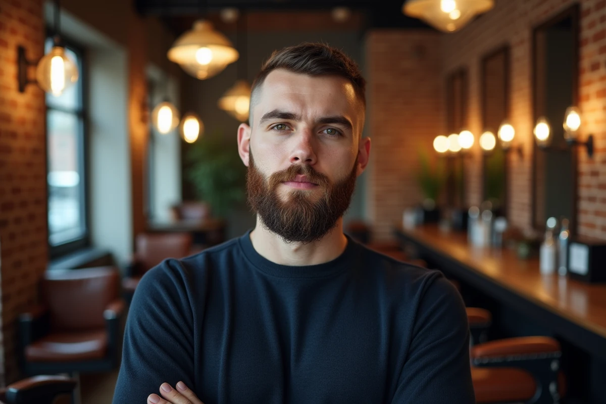 Homme en début de trentaine avec une coupe courte texturée et une barbe mi-longue soignée dans un barbershop moderne aux murs en brique