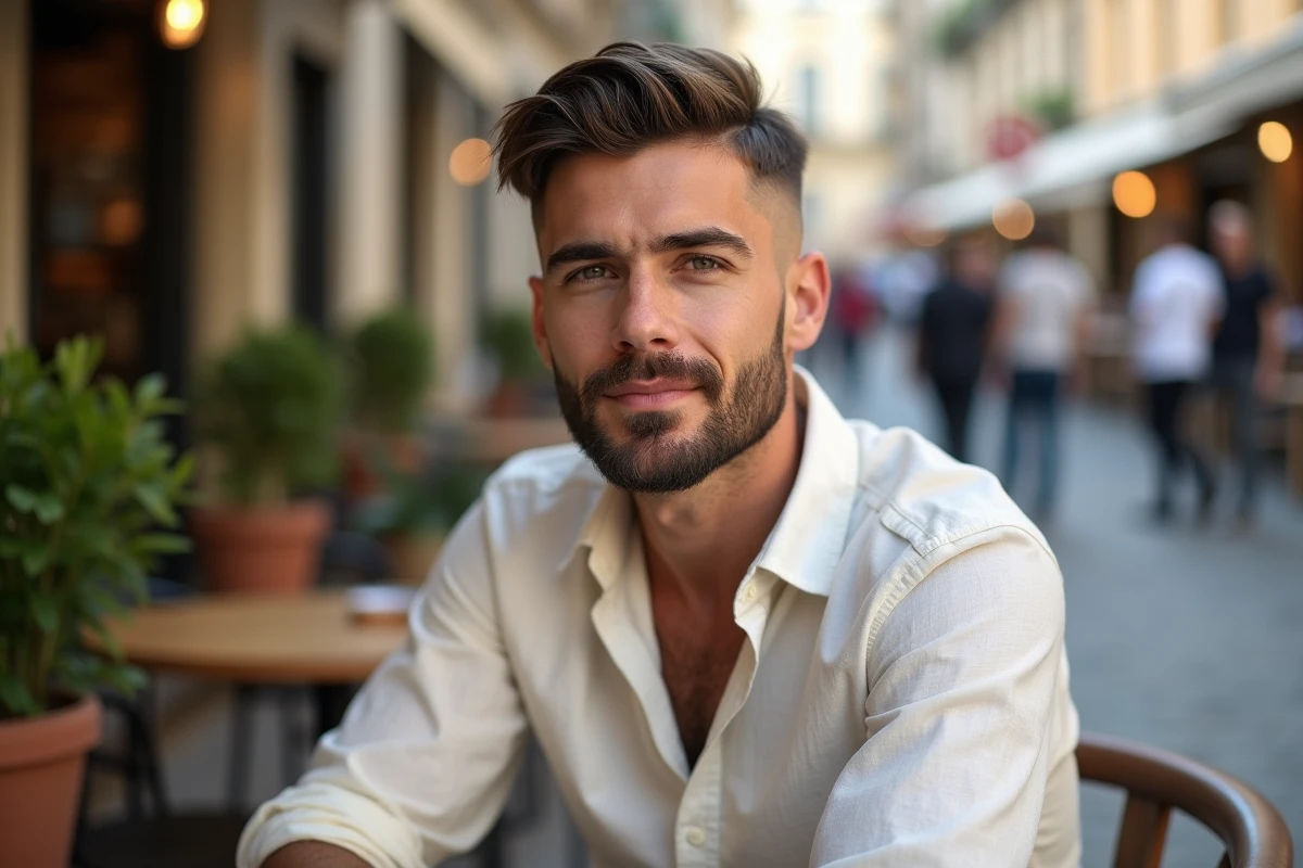 Jeune homme avec une coupe fade et un court chaume de barbe assis en terrasse de café dans une rue européenne pavée