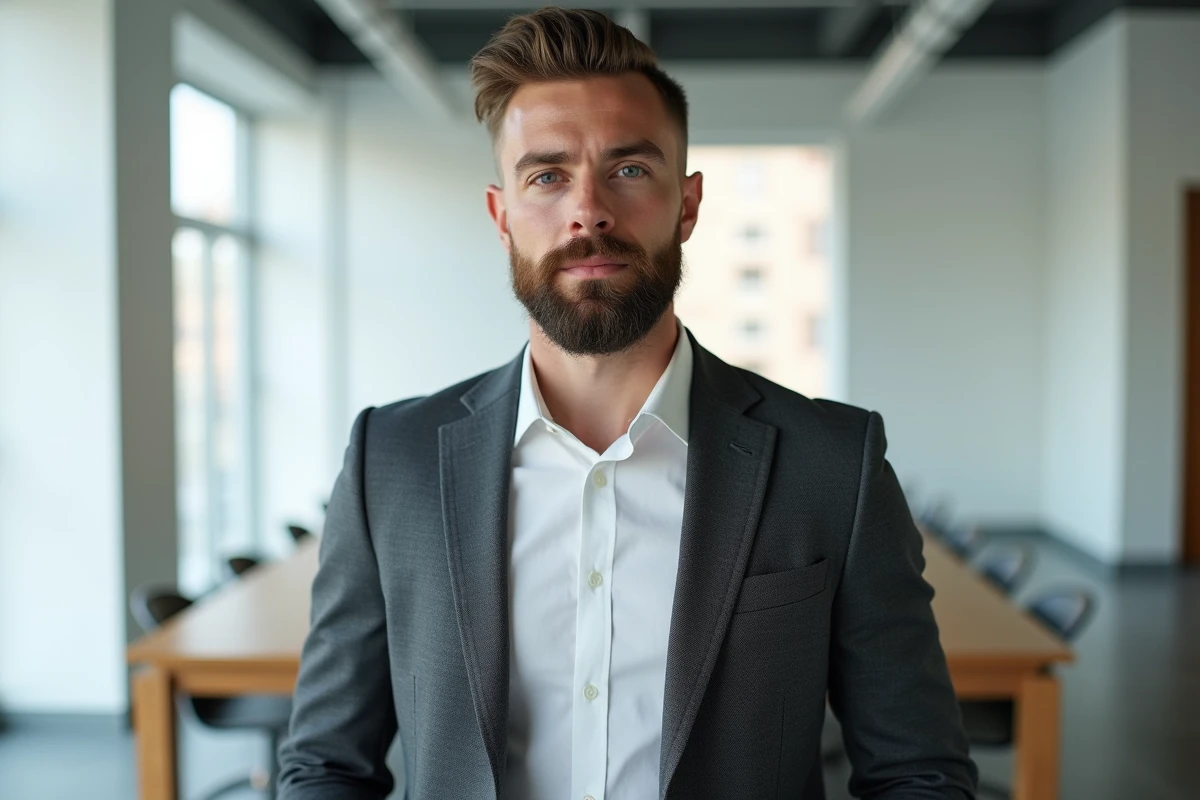 Homme au milieu de la trentaine avec une coupe courte à raie latérale et une barbe pleine sculptée en tenue professionnelle dans un bureau moderne minimaliste