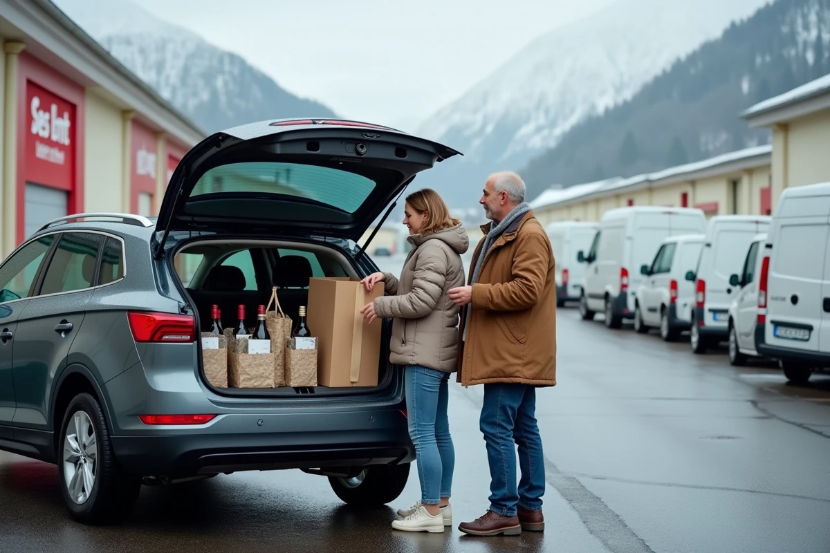 Couple chargeant des achats dans leur voiture immatriculée en France dans un parking du Pas de la Case en Andorre après des emplettes duty-free