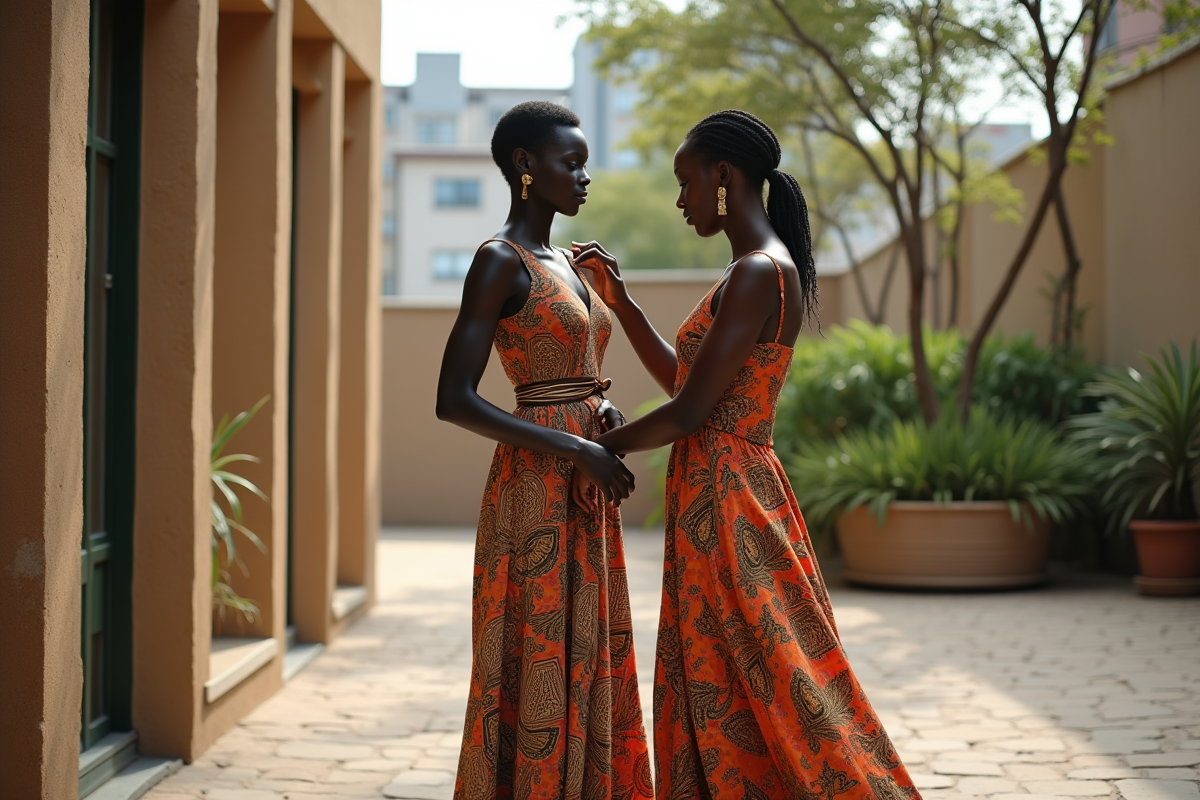 Couturiere senegalaise ajustant une robe moderne en cour