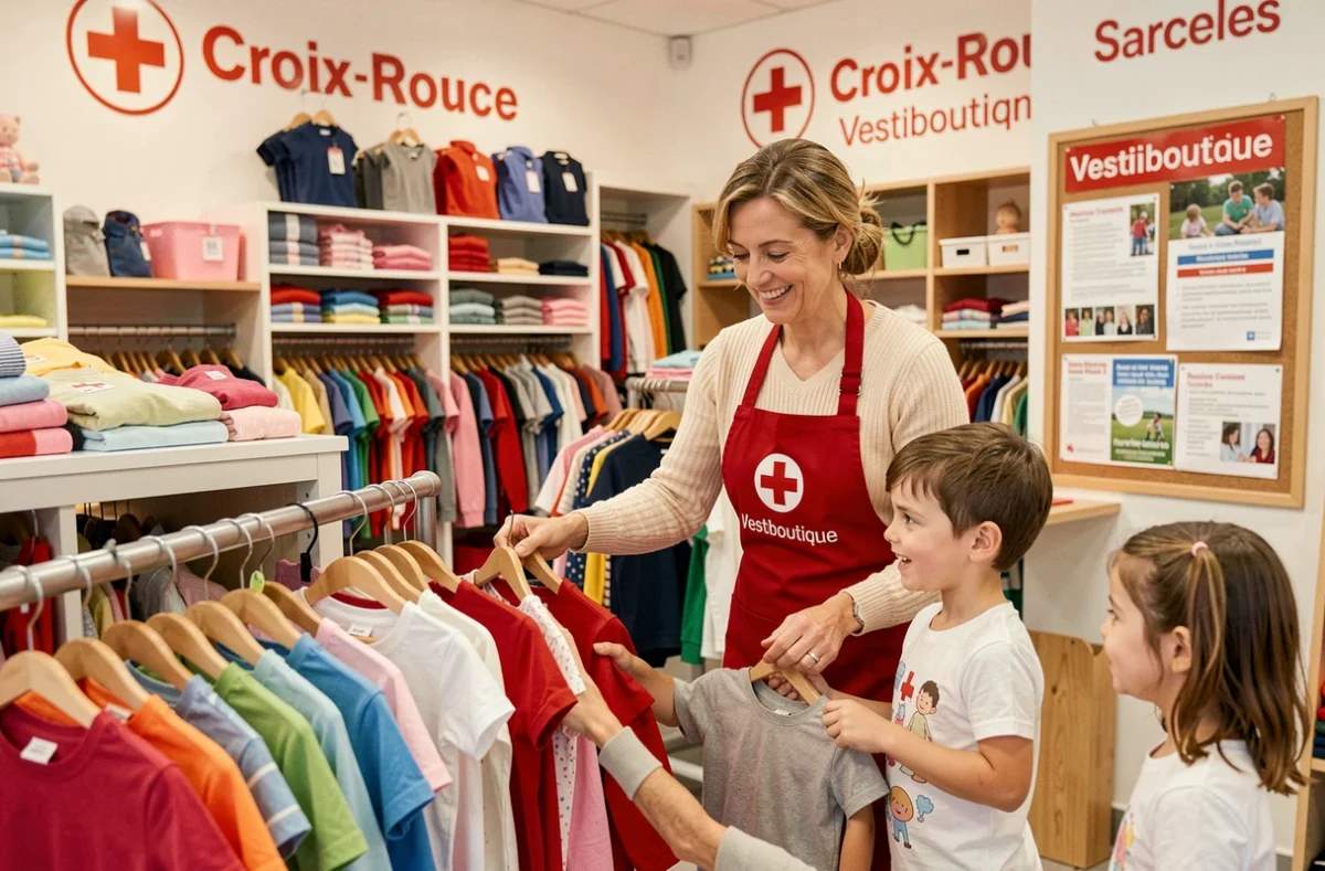 Bénévole de la Croix-Rouge aidant une famille dans la Vestiboutique de Sarcelles