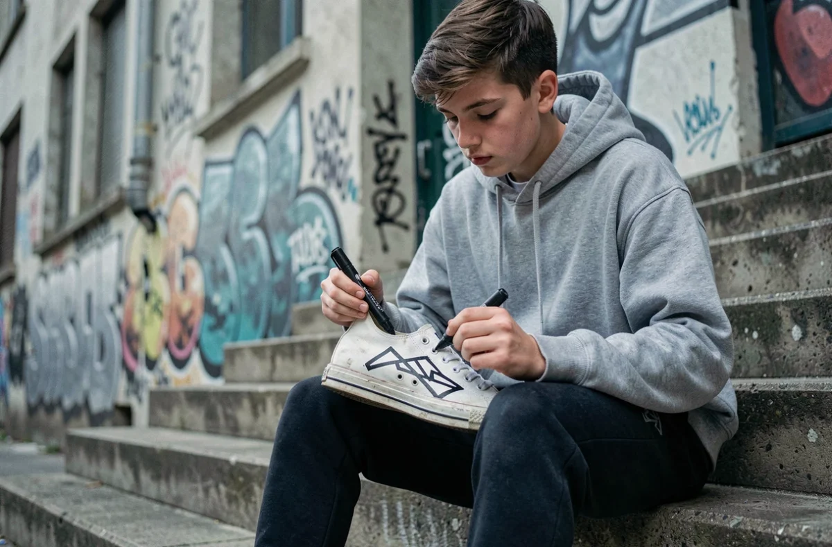 Adolescent personnalisant des sneakers montantes avec des marqueurs peinture à l'extérieur dans un décor urbain