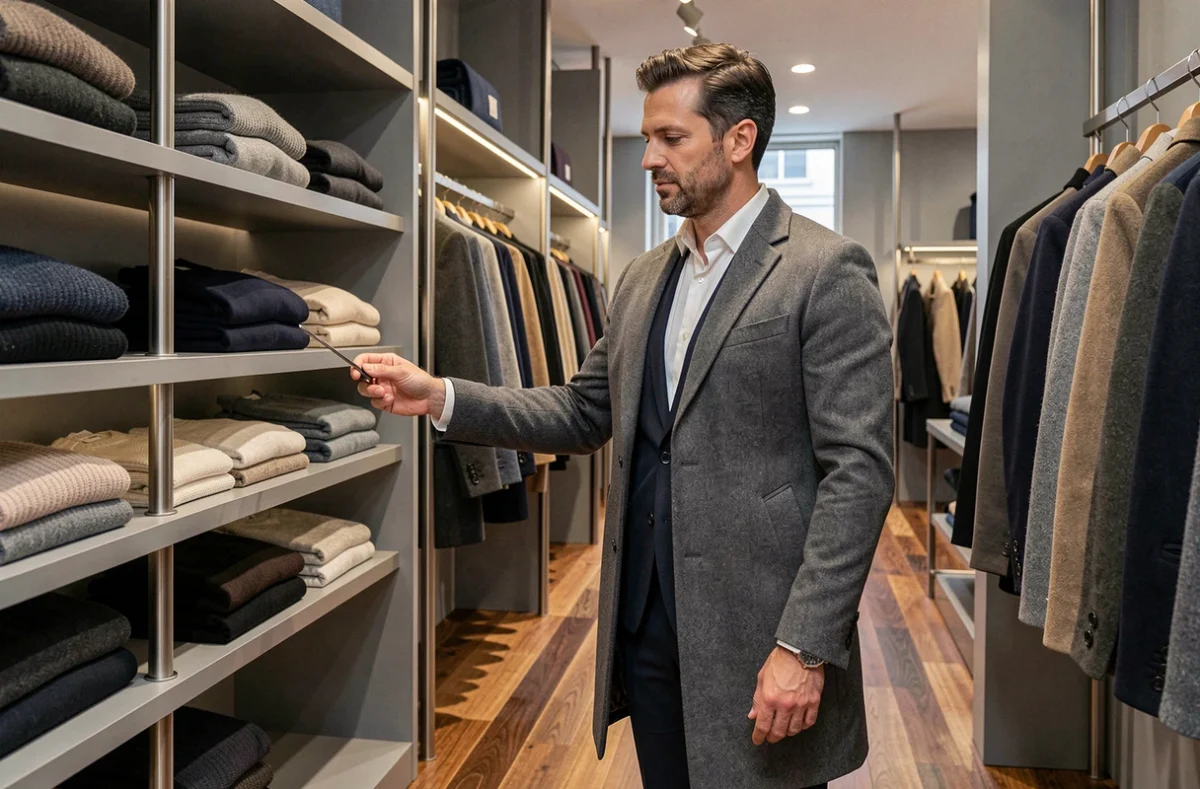 Homme en manteau contemporain gris et costume marine dans la boutique De Fursac au design épuré et moderne