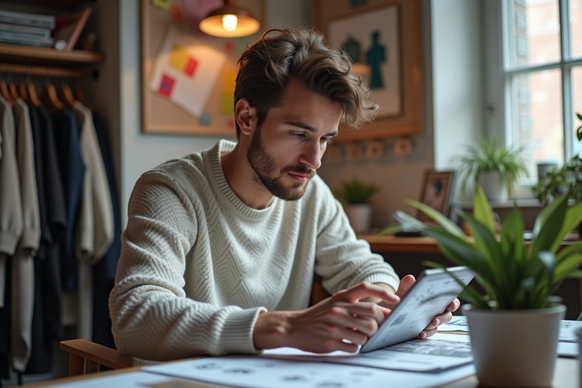 Jeune designer analysant des motifs virtuels sur une tablette