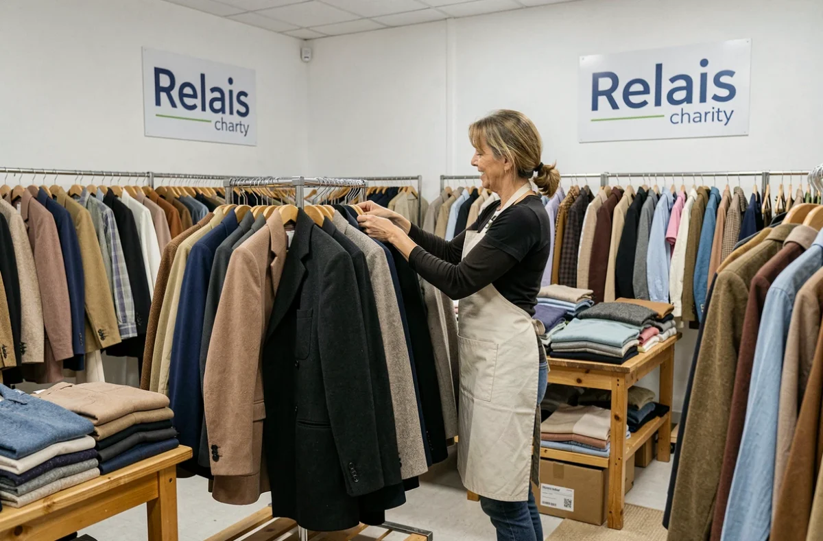 Bénévole triant des vêtements sur des portants dans la friperie Ding Fring Le Relais à Pontoise