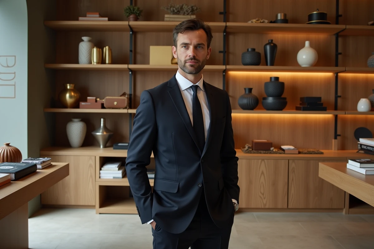Homme en costume bleu marine dans un concept store luxe parisien entouré d'objets de prestige, symbolisant l'univers éditorial d'Its luxe time