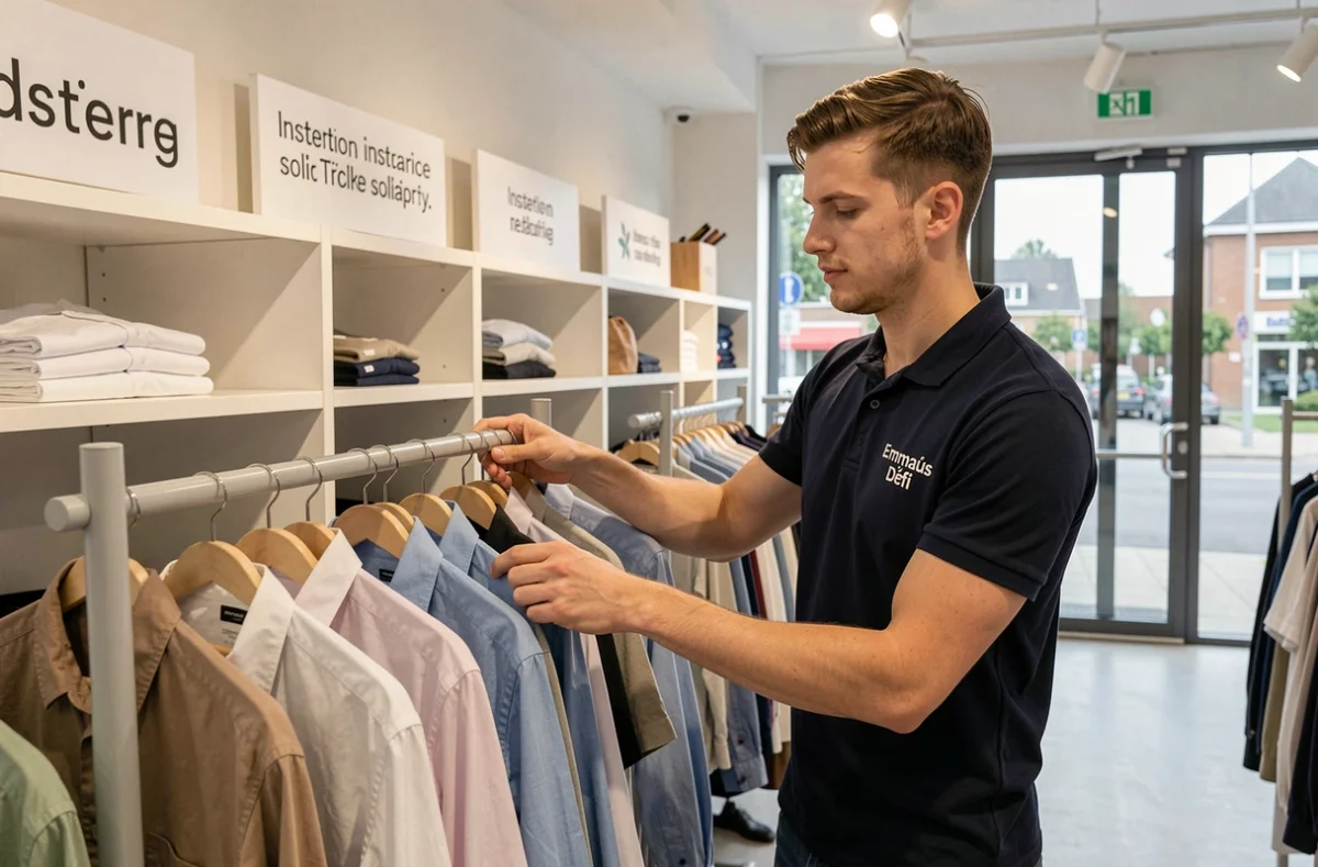 Employé d'Emmaüs Défi arrangeant des chemises sur un portant moderne dans la boutique de Cergy