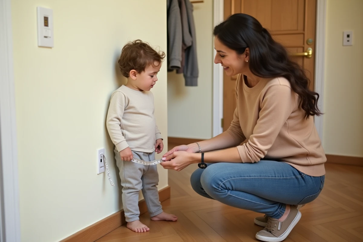 Enfant mesuré par sa mère dans un couloir de maison pour choisir la bonne taille de vêtement 116