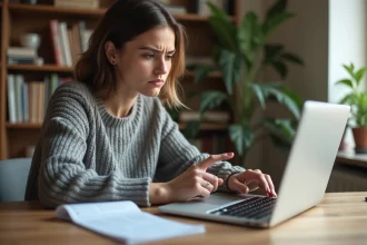 Femme confuse devant un formulaire de commande vestimentaire en ligne sur ordinateur portable