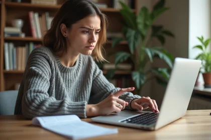 Femme confuse devant un formulaire de commande vestimentaire en ligne sur ordinateur portable