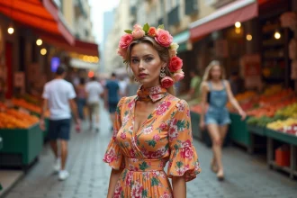 Femme portant un ensemble fleuri avec trop d'accessoires floraux superposés dans un marché urbain