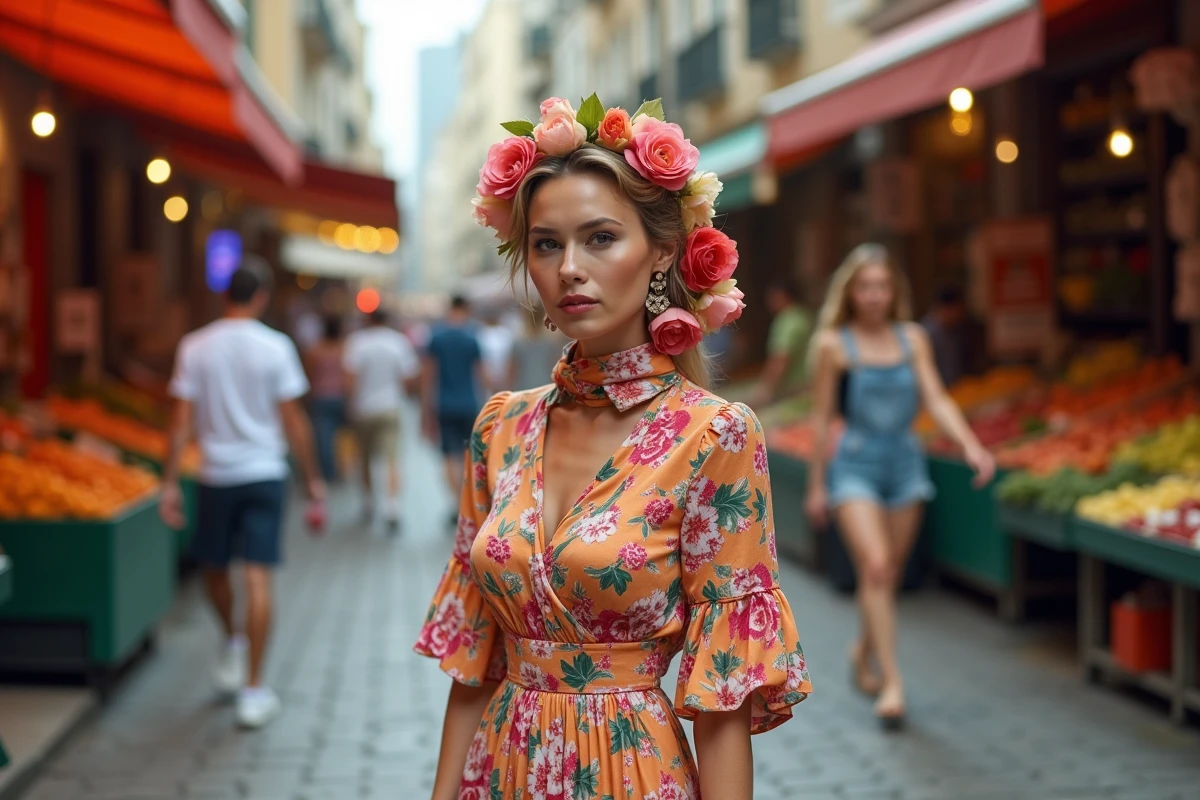 Femme portant un ensemble fleuri avec trop d'accessoires floraux superposés dans un marché urbain