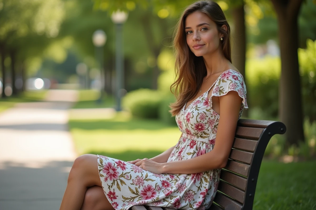 Jeune femme en robe fleurie trop grande illustrant l'erreur de coupe et de proportion dans un ensemble fleuri