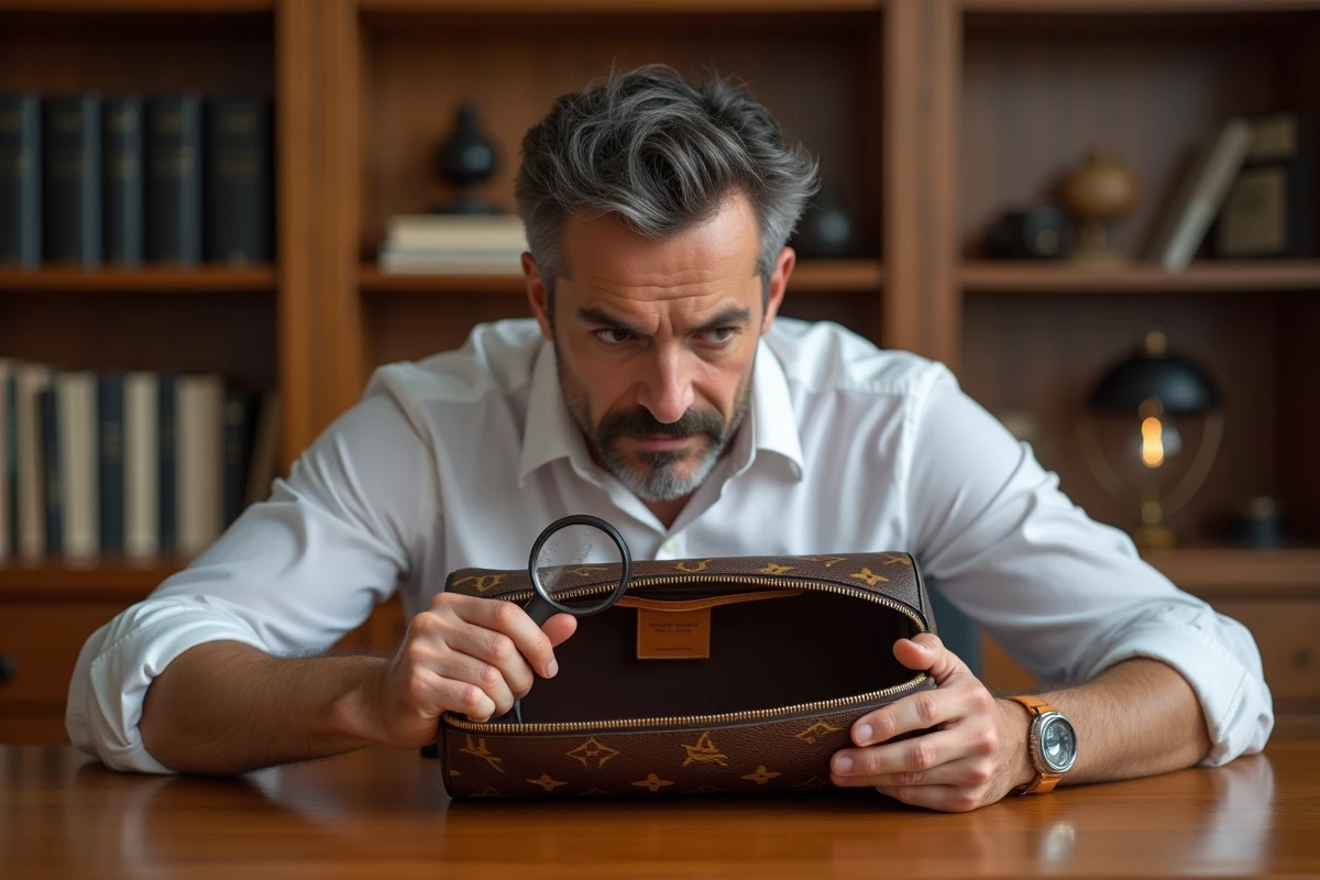 Expert en authentification utilisant une loupe pour inspecter le code date d'un sac Louis Vuitton Speedy posé sur un bureau