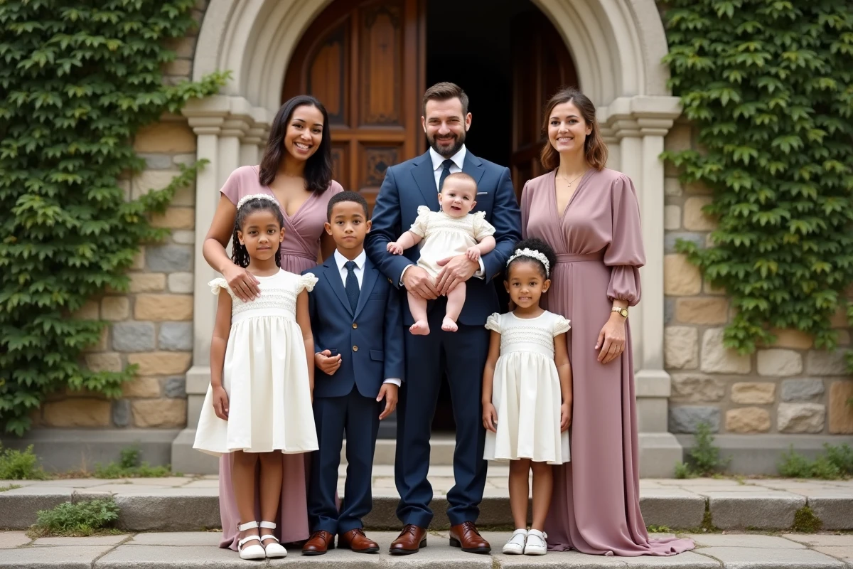 Famille recomposée diverse posant sur les marches d'une église française pour un baptême, bébé en tenue ivoire à smocks tenu par le père