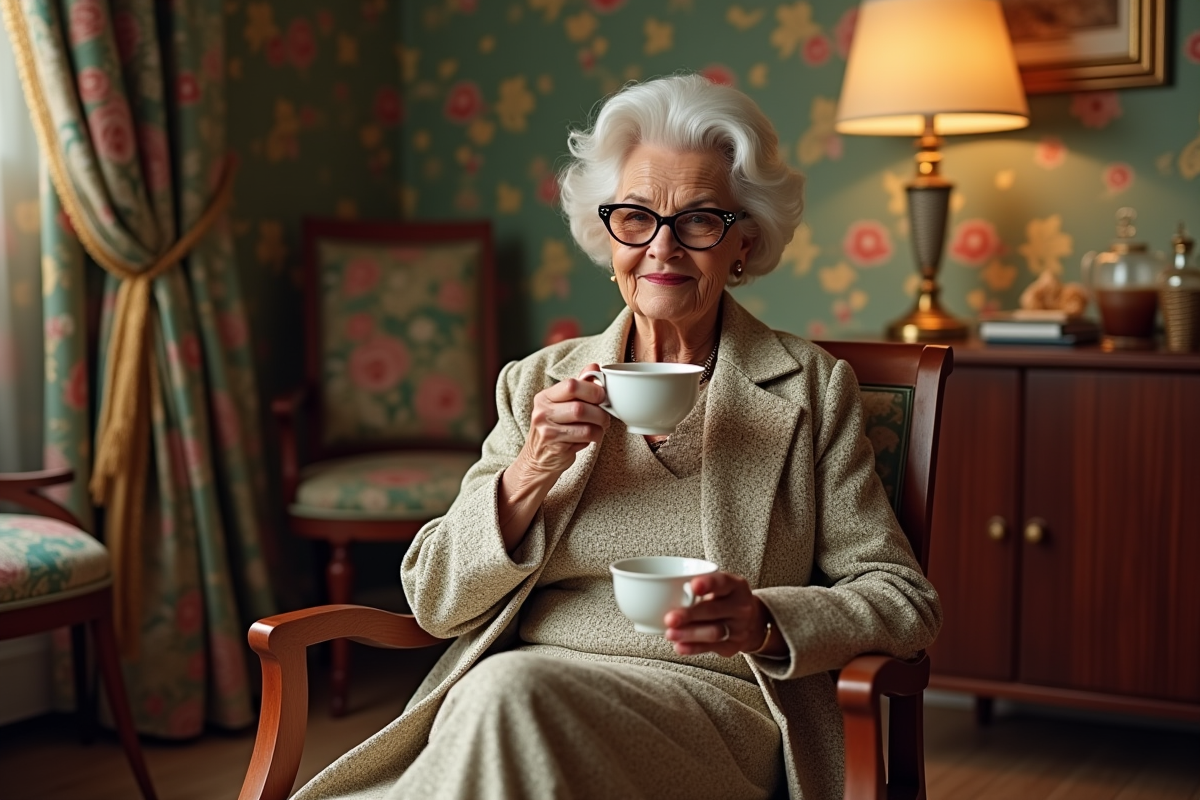 Femme âgée élégante sirotant du thé dans un salon vintage
