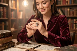 Femme contemplant une bague dragon en argent dans un bureau entouré de livres de mythologie