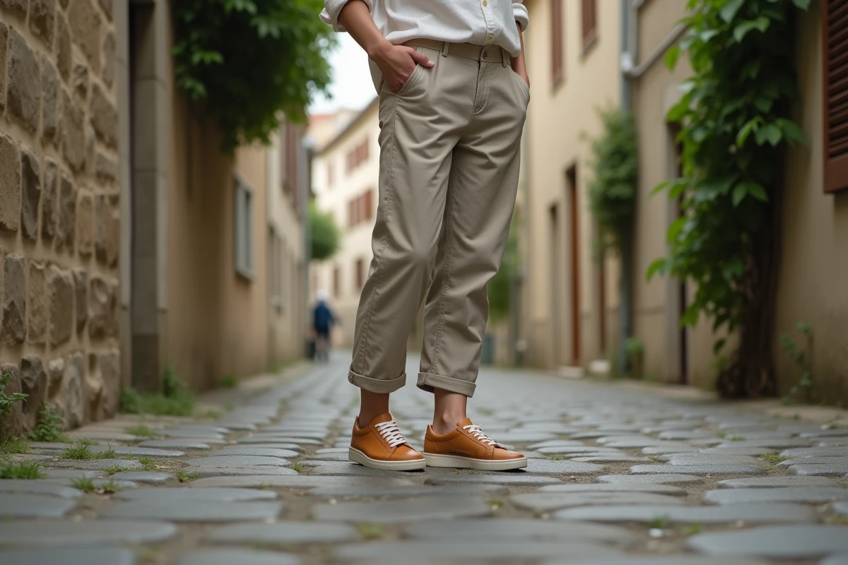 Femme portant des baskets en cuir français dans une rue pavée, tenue décontractée et éco-responsable