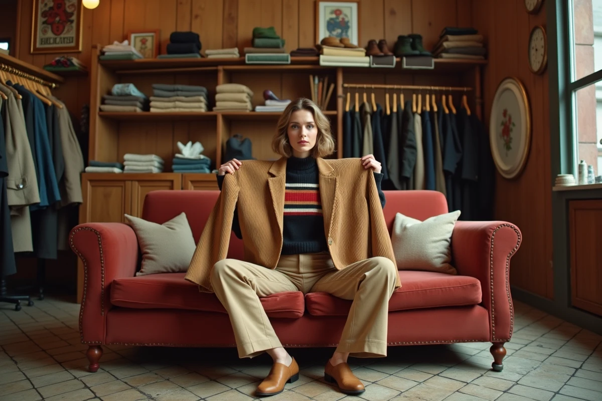 Femme inspectant un blazer vintage en velours côtelé dans une friperie chaleureuse, shopping vêtements rétro pas cher