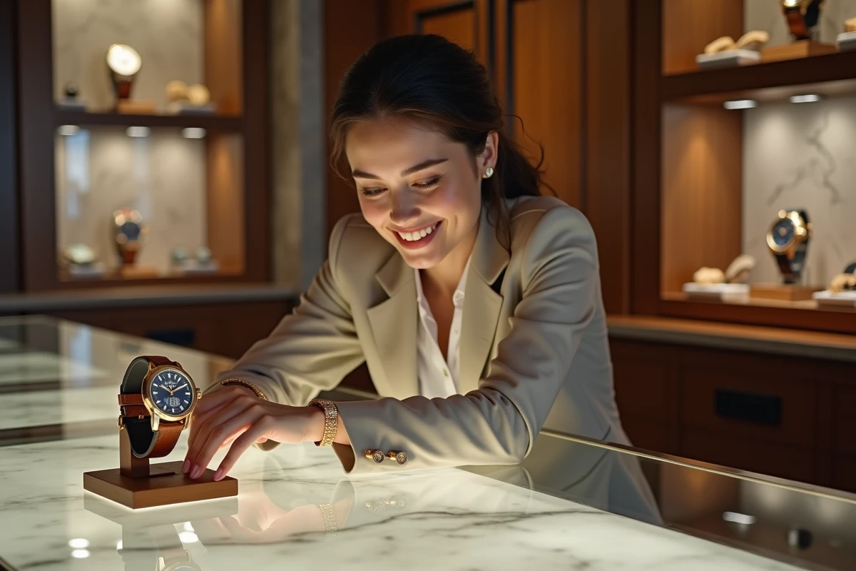 Jeune femme souriante dans une boutique de montres haut de gamme