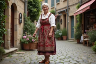 Femme bretonne en costume traditionnel dans un village