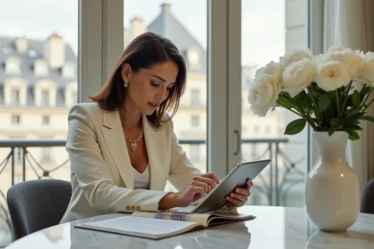 Femme élégante dans un bureau parisien minimaliste consultant un magazine de luxe sur tablette, illustrant l'influence éditoriale d'Its luxe time en 2026