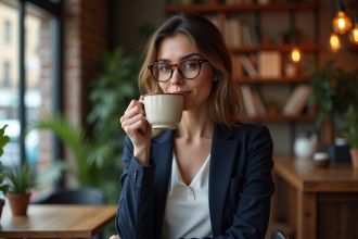 Femme élégante en café avec blazer et lunettes tortoise