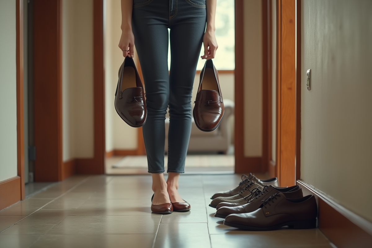 Jeune femme regarde des chaussures anciennes et neuves dans un couloir