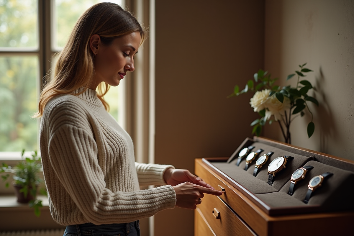 Femme choisissant une montre dans une chambre chaleureuse