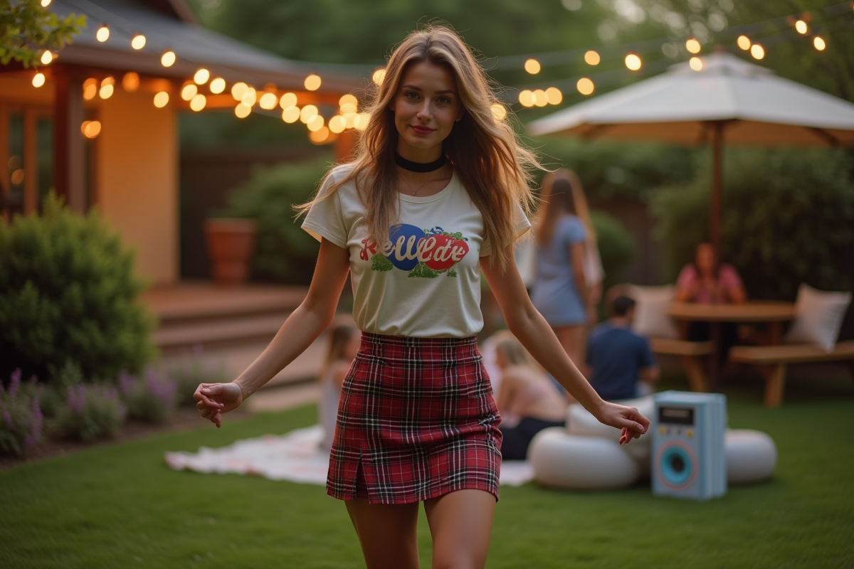 Jeune femme en mini jupe et tee shirt lors d