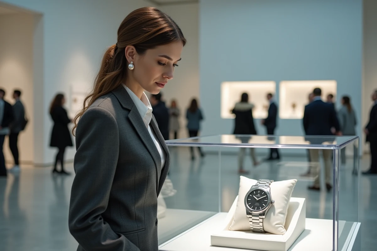 Femme élégante observant une montre de luxe en platine exposée dans une galerie horlogère haut de gamme