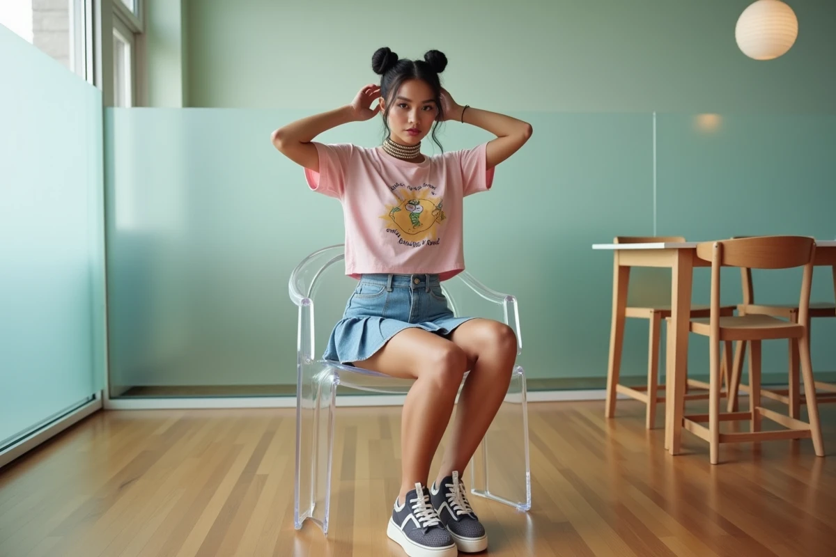 Femme en loft avec mini jupe en denim et accessoires tendance