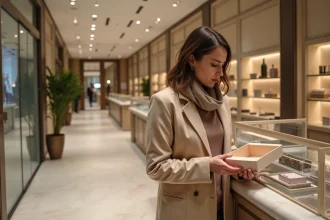 Femme élégante examine des coffrets cadeaux dans une boutique chic
