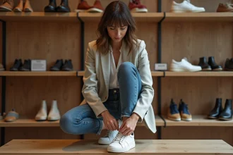 Femme élégante en jeans et blazer dans une boutique parisienne