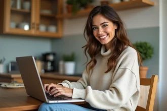 Femme souriante utilisant un ordinateur dans une cuisine chaleureuse