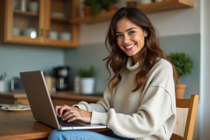 Femme souriante utilisant un ordinateur dans une cuisine chaleureuse